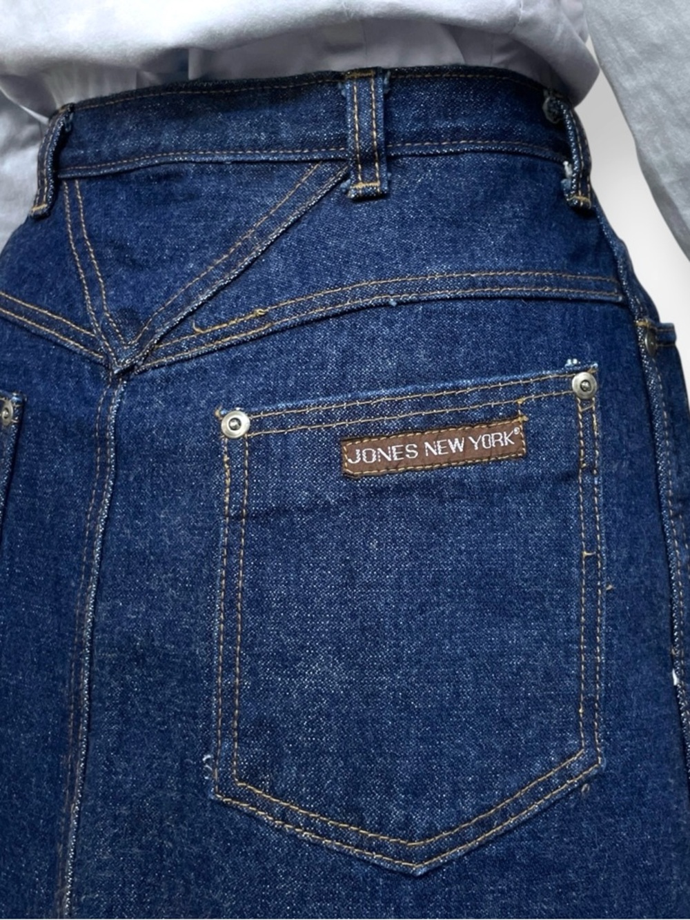 Vintage 80s Jones New York Denim Midi Skirt High Waist Dark Wash Modern Size S